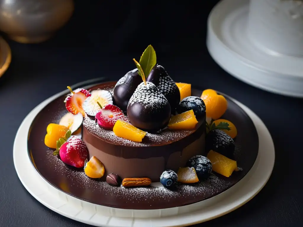 Plato de postre de lujo con escultura de chocolate y hojas de oro Exquisito postre de lujo para eventos: escultura de chocolate, compota de frutas y detalles dorados sobre fondo negro