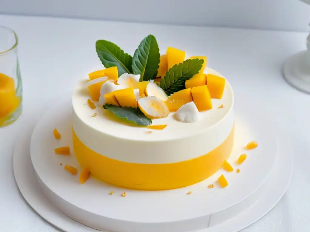 Un exquisito postre de mousse de mango y coco, decorado con mango fresco, coco y hojas de menta, en un elegante plato blanco