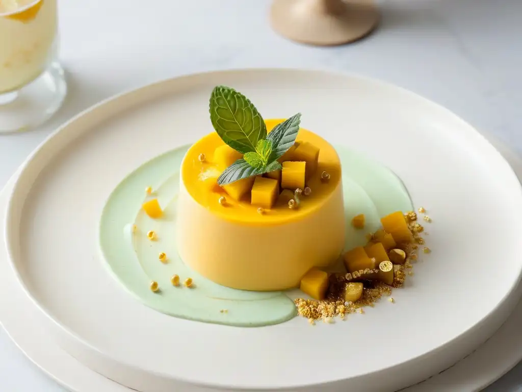 Un exquisito postre de mousse de mango, decorado con hoja de menta y hojuelas de oro comestibles en plato blanco