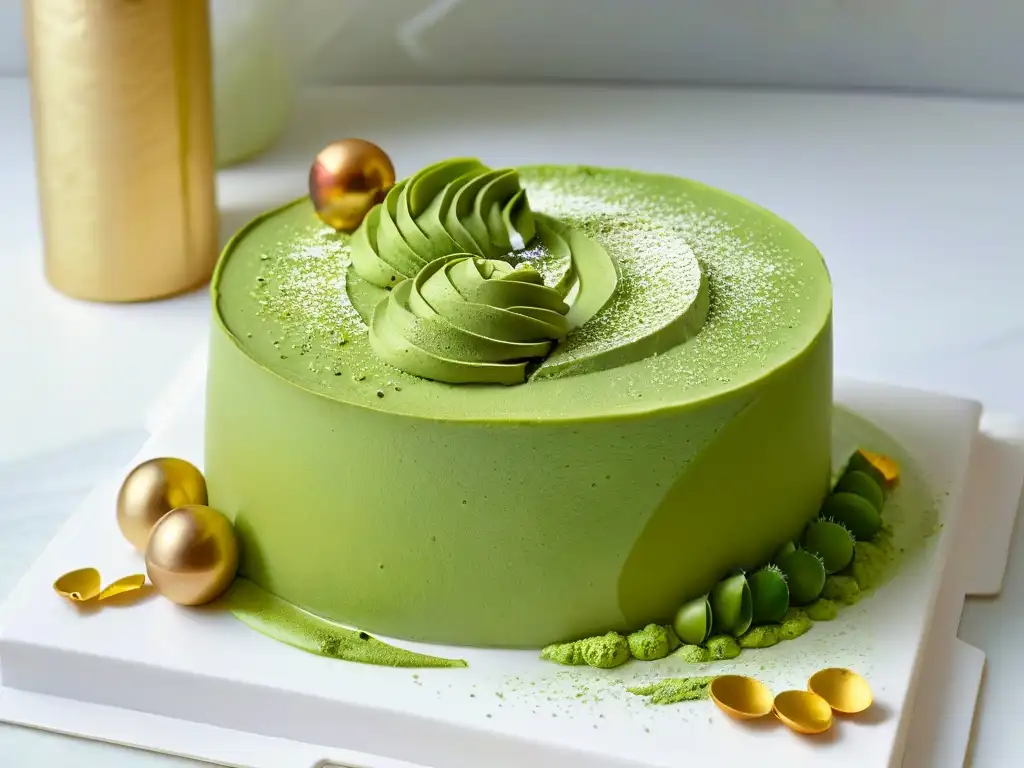 Exquisito postre de mousse de té matcha de calidad superior con polvo verde y hojuelas de oro comestibles, presentado elegantemente en un plato blanco moderno