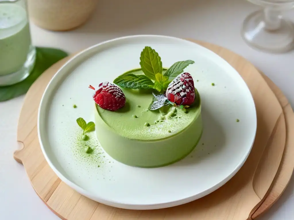 Exquisito postre de matcha calidad superior con mousse, frambuesas y menta en plato blanco