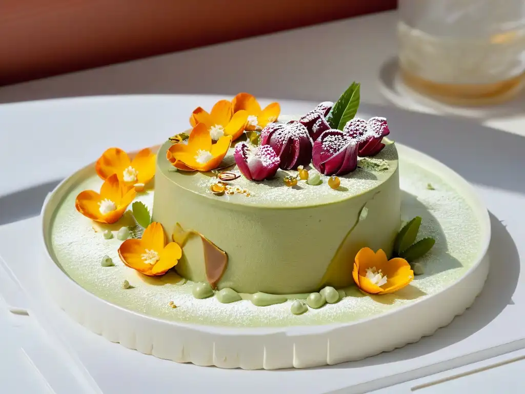 Un exquisito postre fusión con tiramisú de matcha, flores comestibles y toques dorados