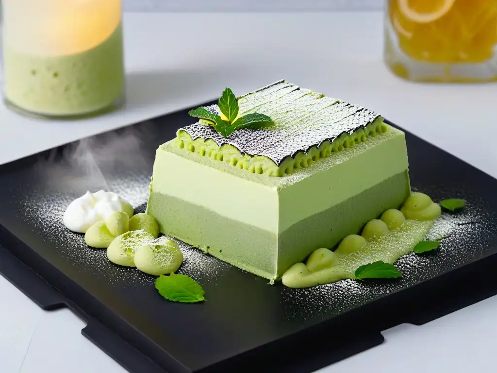 Un exquisito postre de matcha en plato minimalista