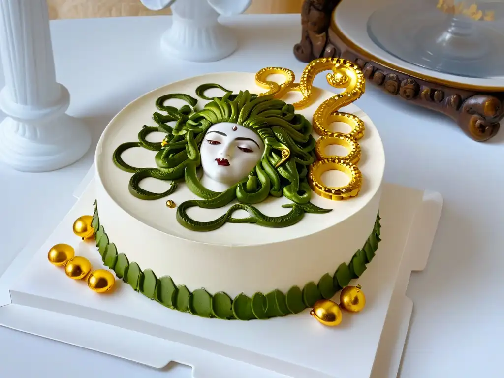Exquisito postre con Medusa esculpida en azúcar rodeada de templos griegos en oro comestible