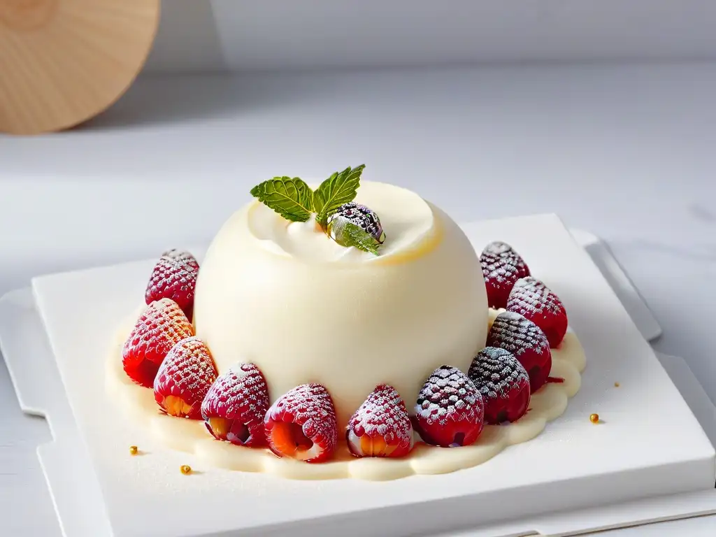 Un exquisito postre minimalista con panna cotta de vainilla, frambuesa y hoja de oro en una elegante encimera de mármol blanco