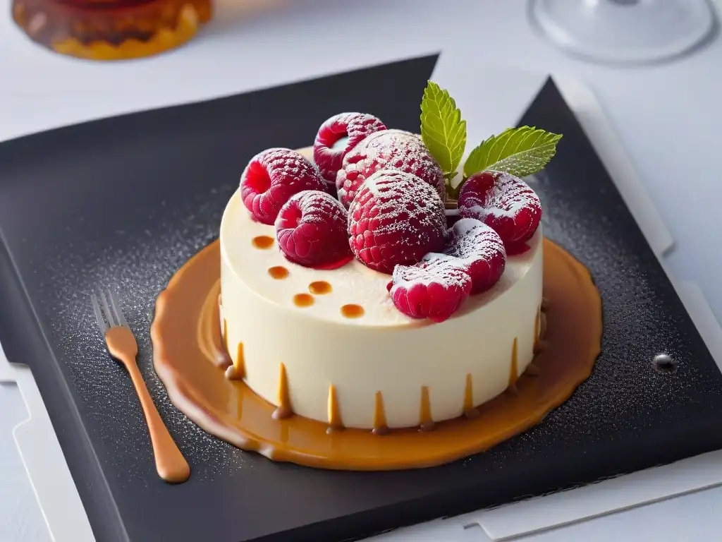 Exquisito postre minimalista: esfera de mousse blanco con salsa de caramelo y diseño de coulis de frambuesa