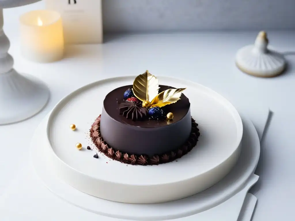 Exquisito postre minimalista: ganache de chocolate oscuro con hoja de oro, sobre mármol blanco