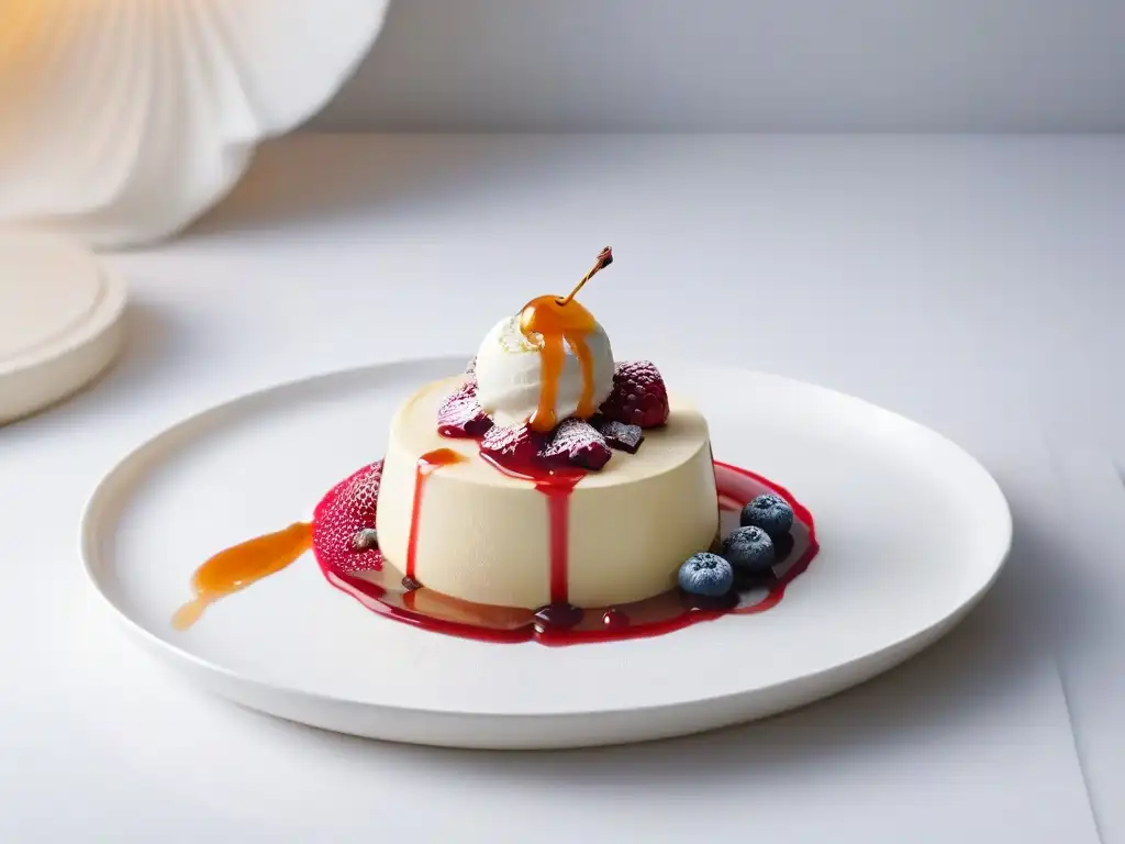Un exquisito postre minimalista con helado de vainilla, frambuesa y salsa de caramelo en un elegante plato blanco