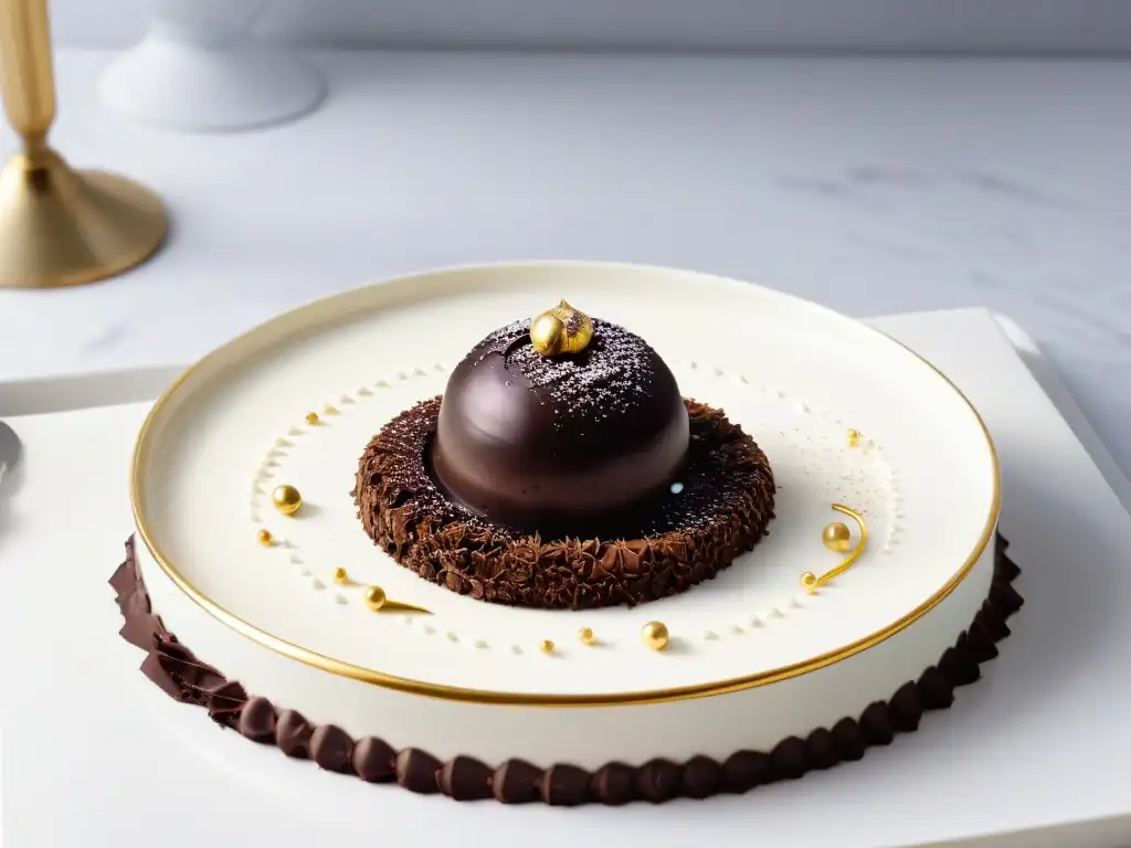 Exquisito postre minimalista de lujo con trufa de chocolate y detalles dorados en elegante cocina