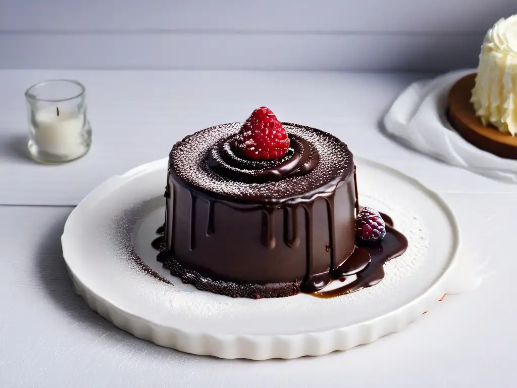 Un exquisito postre minimalista: una rebanada de pastel de chocolate con ganache, frambuesa y azúcar glass