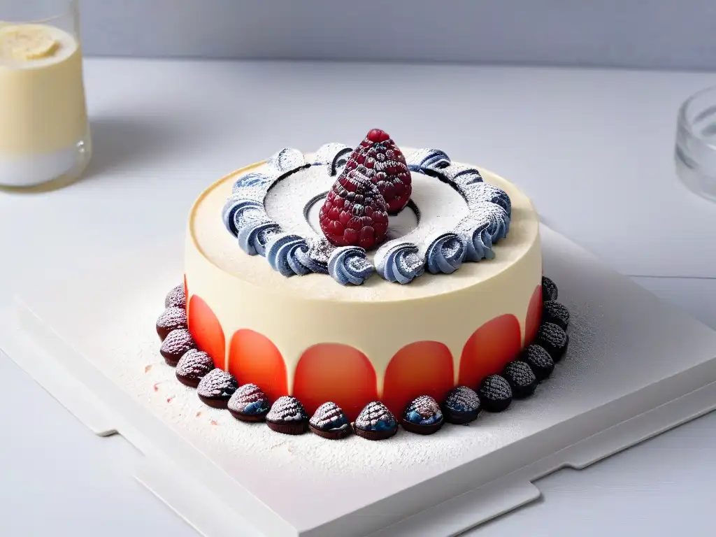 Un exquisito postre moderno diseñado con colores vibrantes y texturas intrincadas, resaltando sofisticación y creatividad