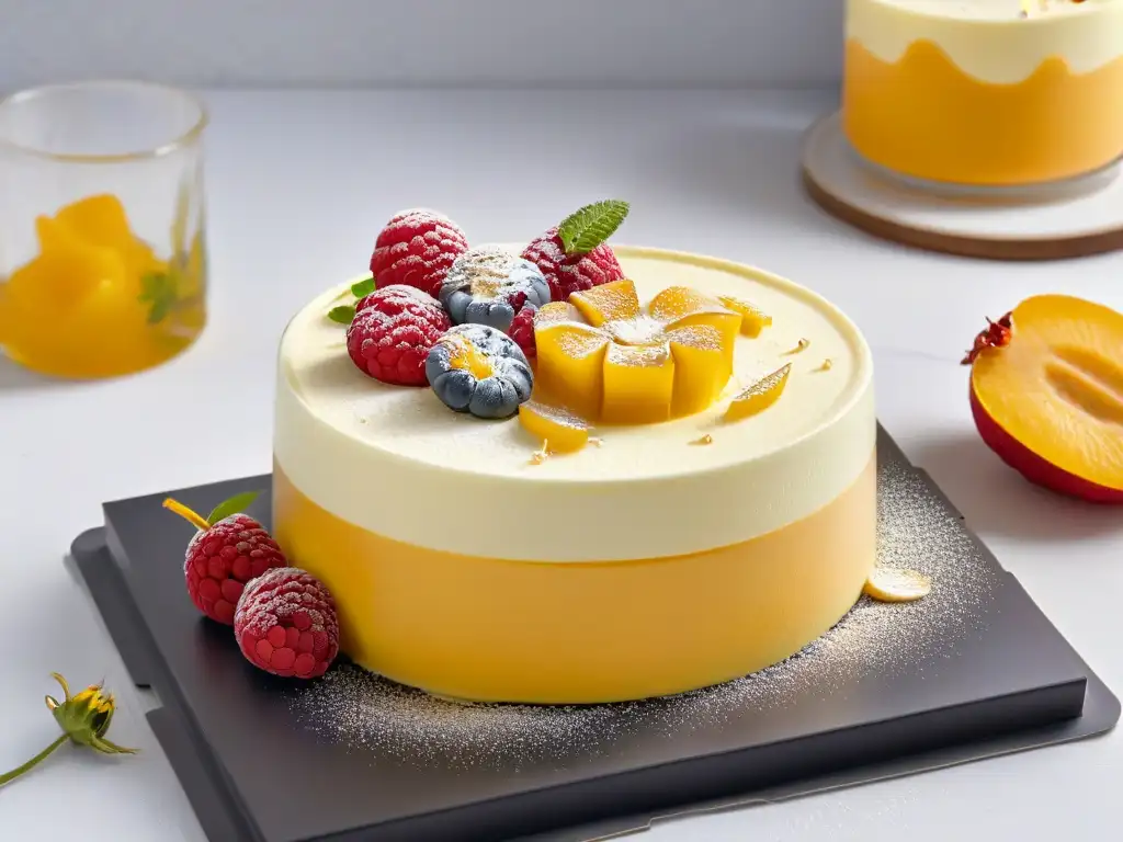 Un exquisito postre moderno con diseño innovador, colores vibrantes y texturas tentadoras