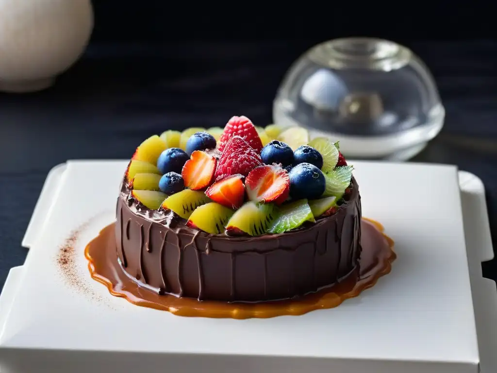 Dulce sorpresa: esfera de chocolate con caviar de frutas Exquisito postre molecular: esfera de chocolate se quiebra revelando perlas de caviar de frutas vibrantes en un fondo negro elegante