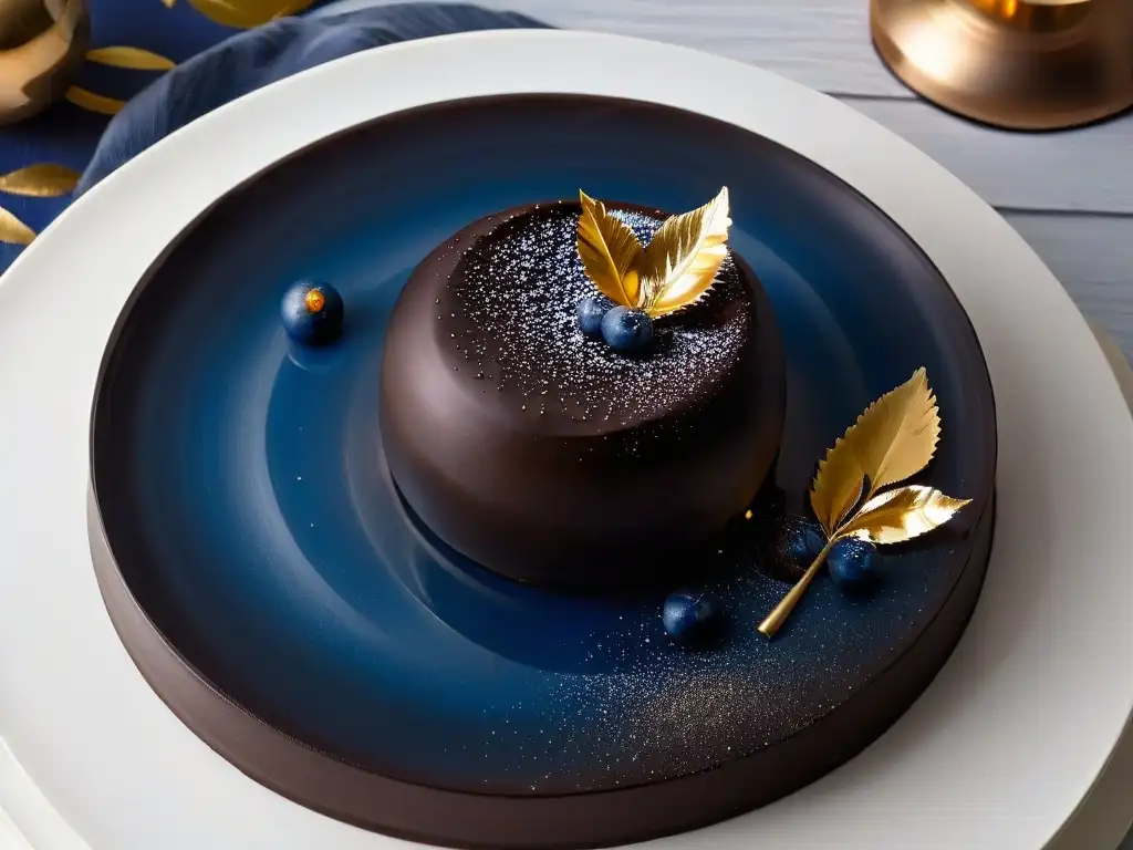 Delicioso postre esférico de chocolate con hoja de oro brillante Un exquisito postre molecular con esfera de chocolate, hoja de oro y elegante presentación en plato negro