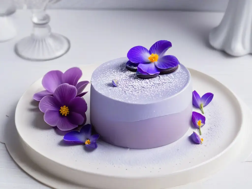 Un exquisito postre monocromático en tonos de lavanda, con macaron, mousse y glaseado, adornado con flores comestibles y polvo plateado