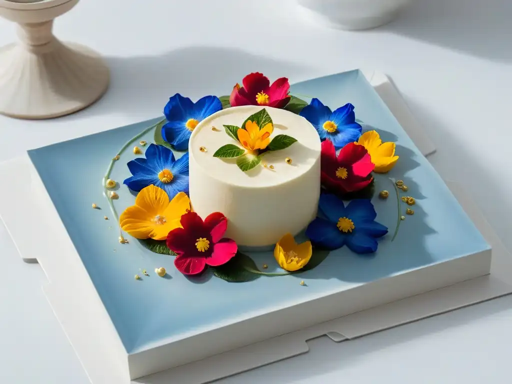 Exquisito postre multisensorial cultural con detalles florales y hojas de oro en fondo blanco