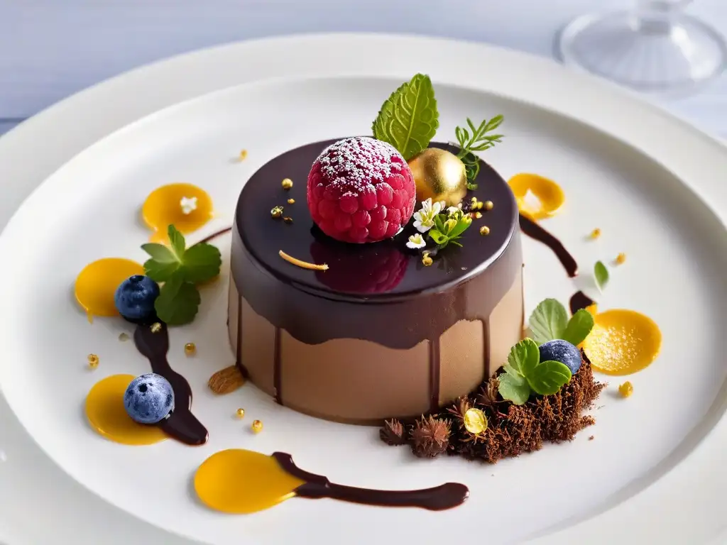 Exquisito postre multisensorial con esfera de chocolate, coulis de frambuesa y hoja de oro comestible en elegante presentación blanca