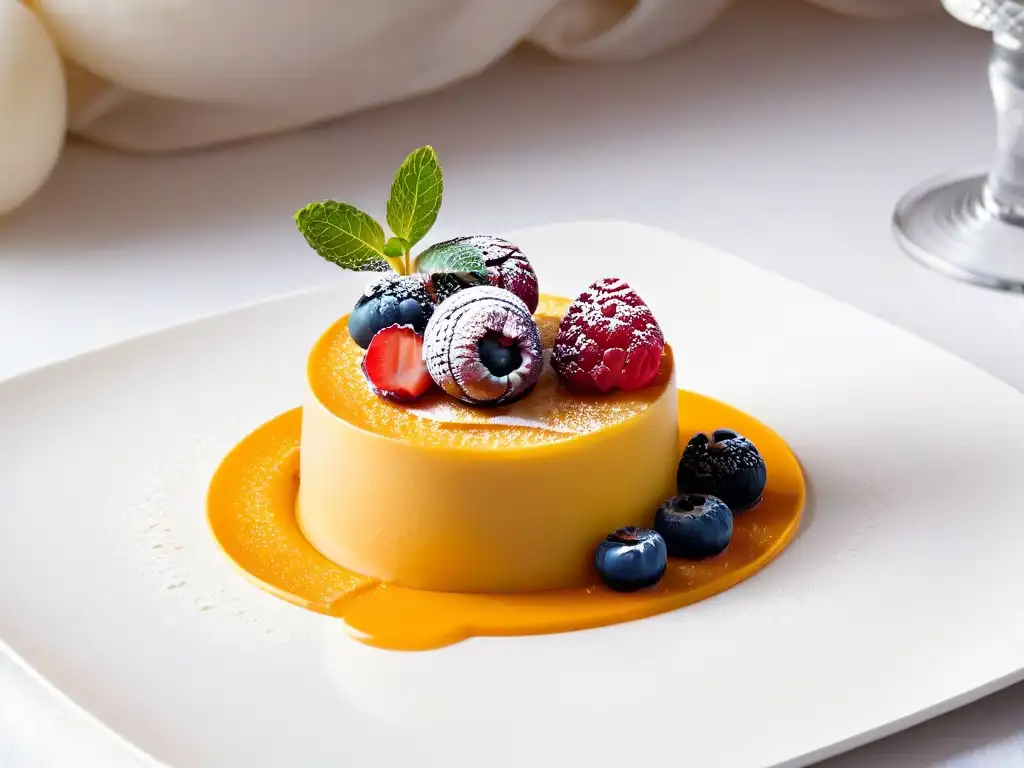 Un exquisito postre multisensorial para eventos especiales, con colores vibrantes y detalles intrincados, sobre una mesa moderna y elegante