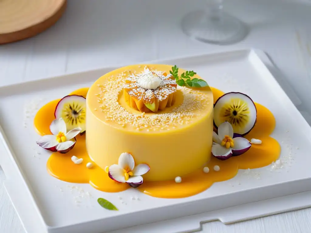 Un exquisito postre de fusión latinoasiática: pastel de arroz pegajoso de mango y coco con glaseado de maracuyá, flores comestibles y semillas de sésamo