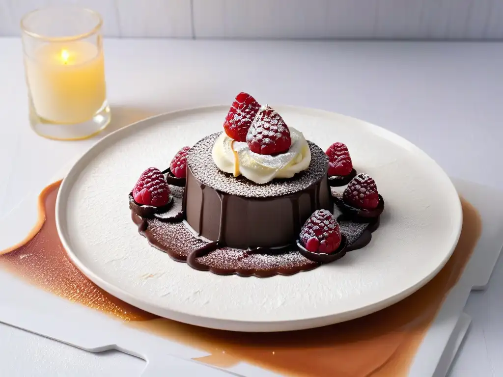 Un exquisito postre con un pastel de lava de chocolate, tuile de caramelo, helado de vainilla y coulis de frambuesa