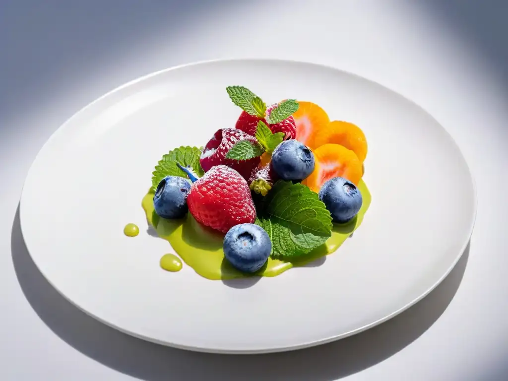 Exquisito postre en plato blanco con bayas frescas y hoja de menta