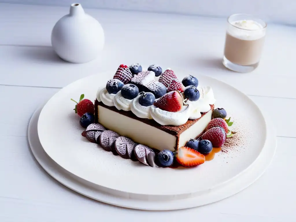 Exquisito postre con proporción ideal macronutrientes: tarta con frutas, crema y cacao en plato blanco