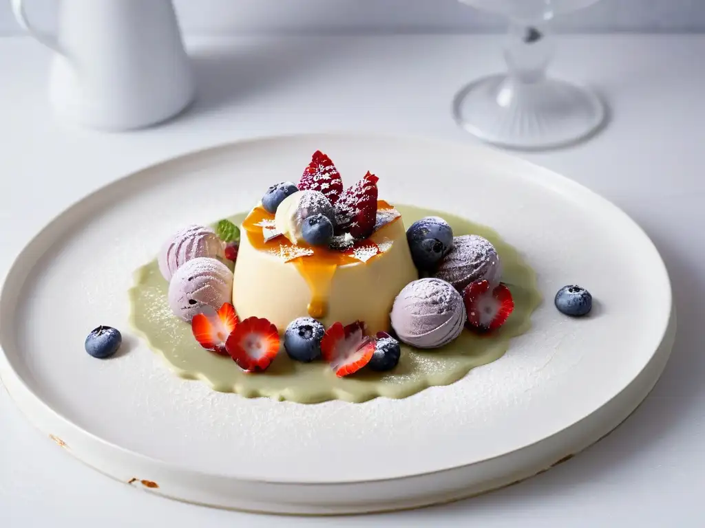 Exquisito postre con sabores y aromas en plato de cerámica blanco