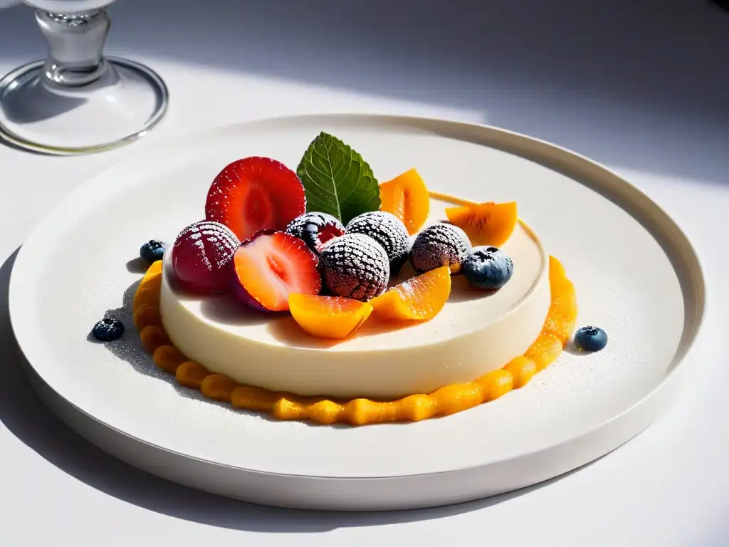 Exquisito postre con sabores umami: una creación vibrante y detallada de la gastronomía molecular en un elegante plato minimalista