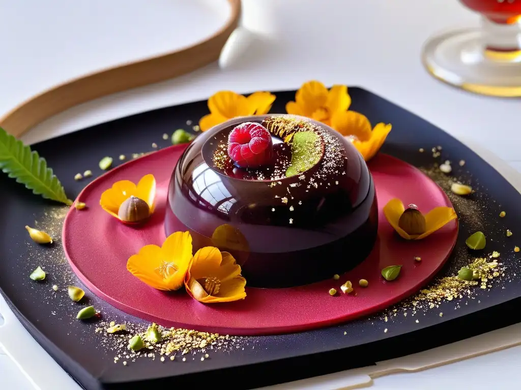 Un exquisito postre con sabores umami: esfera de gel rodeada de chocolate dorado, flores comestibles y coulis de frambuesa