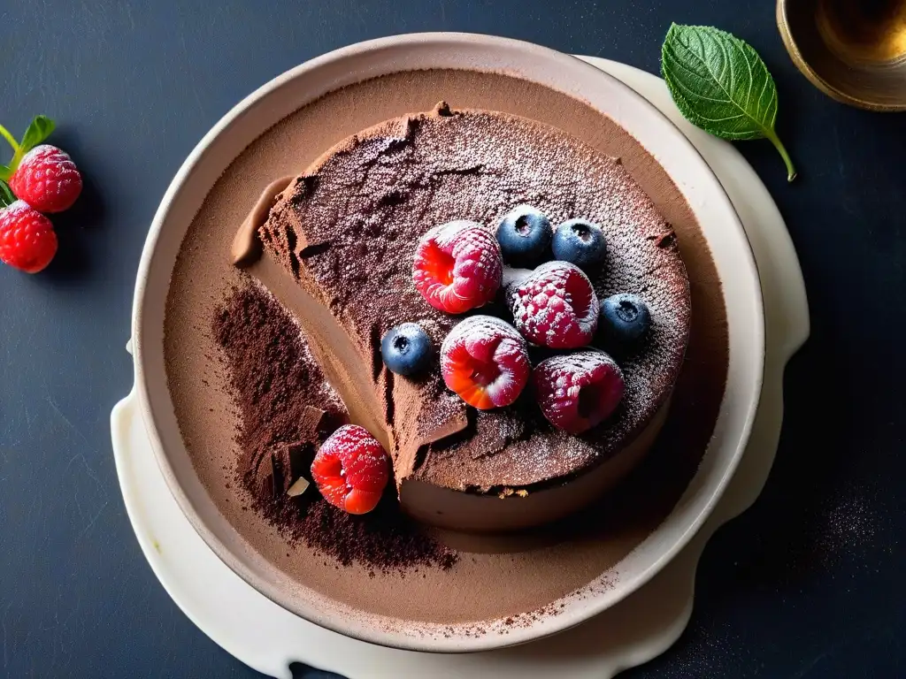 Exquisito postre sin azúcar saludable: mousse de chocolate y aguacate con frambuesas y menta en plato blanco minimalista