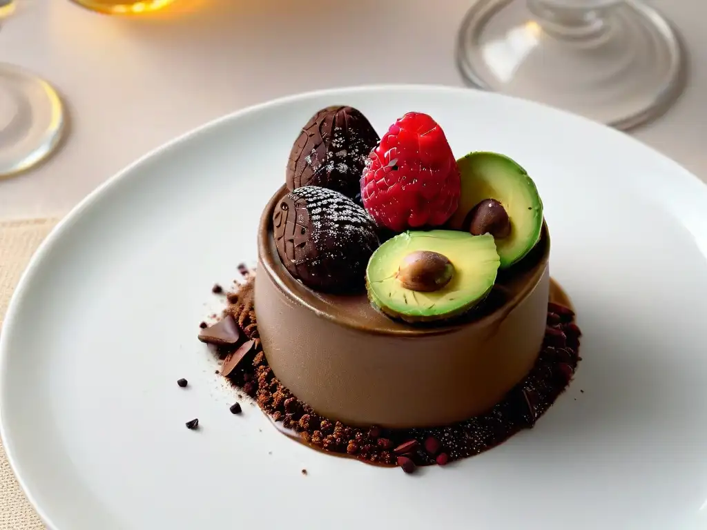 Exquisito postre saludable: mousse de chocolate y aguacate en copa elegante con cacao y frambuesa