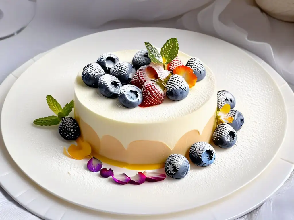 Exquisito postre de bavarois saludable con mousse cremosa, frutas frescas y flores comestibles en plato blanco minimalista