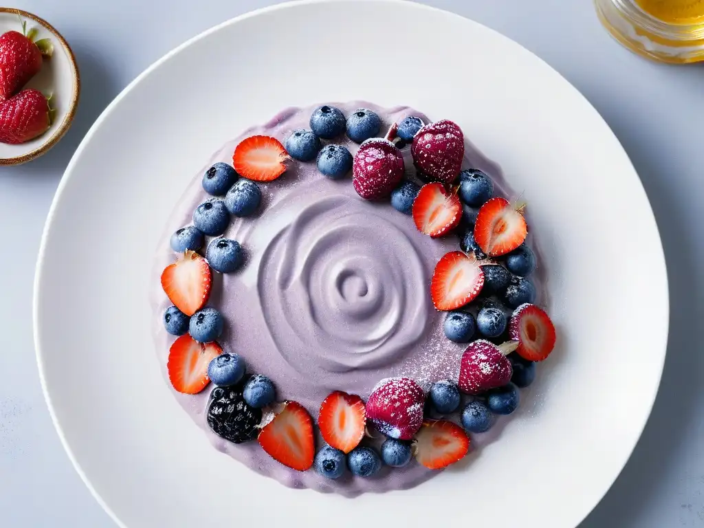 Un exquisito postre saludable sin culpa: chía pudding con bayas, almendras y miel, en un elegante plato blanco