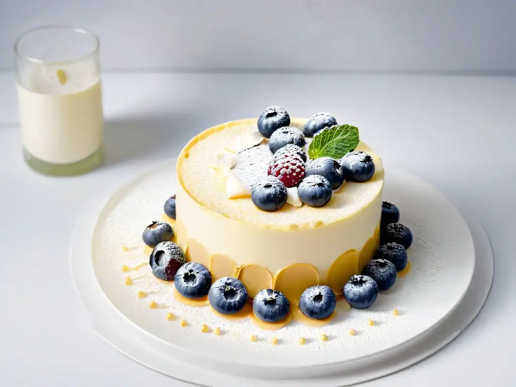 Un exquisito postre keto saludable y delicioso: cheesecake con frutos rojos y menta en plato blanco moderno