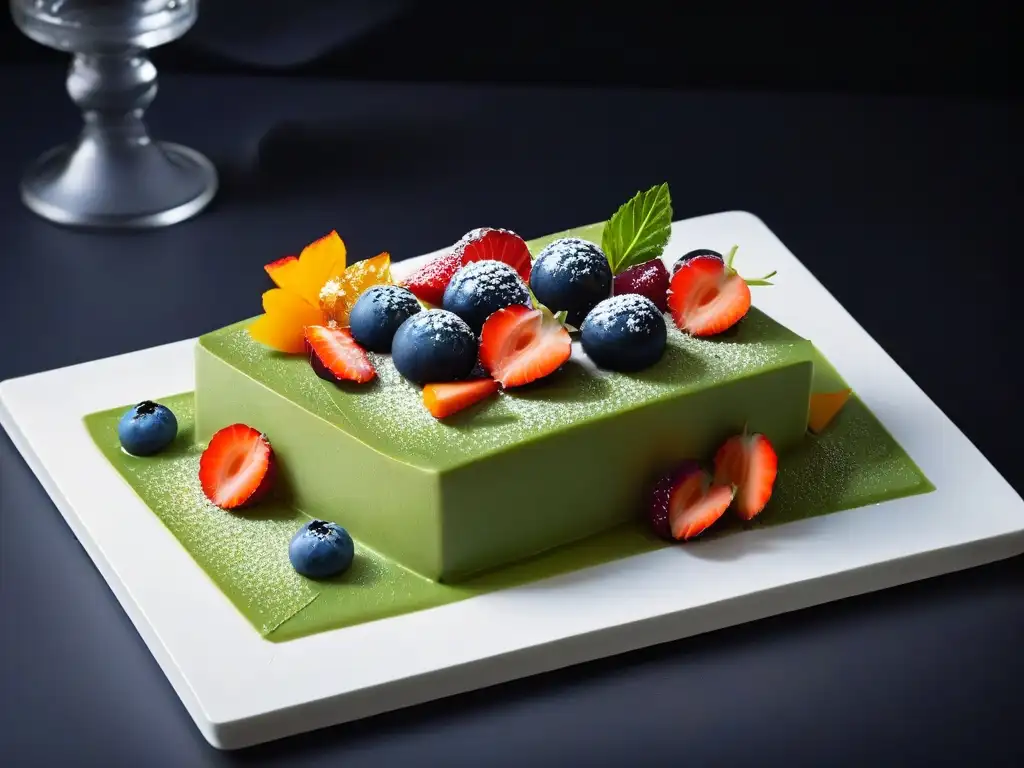 Un exquisito postre saludable con sabores exóticos, presentado con elegancia y arte en un plato blanco moderno sobre un fondo negro mate