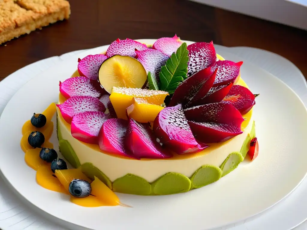 Un exquisito postre saludable con sabores exóticos: una tarta de frutas con crema de maracuyá, decorada con pitahaya y hojas de menta fresca