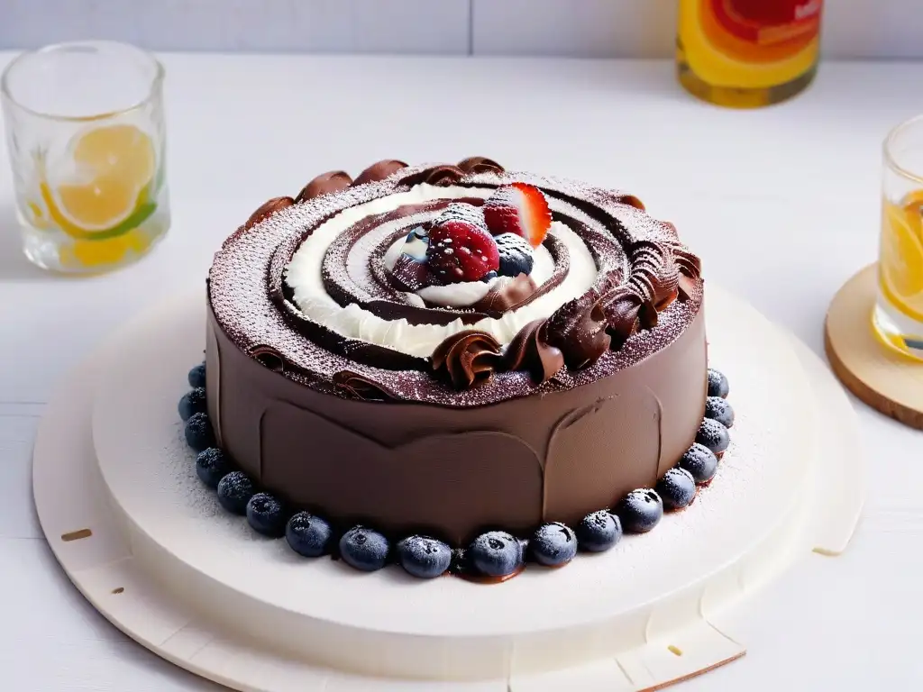 Un exquisito postre sostenible con ingredientes reciclados: un decadente pastel de chocolate con crema y bayas frescas