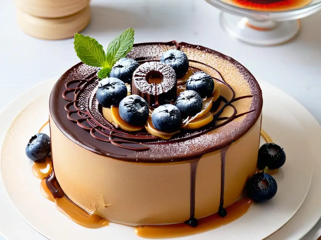 Un exquisito postre sostenible con ingredientes reciclados: capas de bizcocho, ganache de chocolate y caramelo, decorado con frutas y hojas de menta
