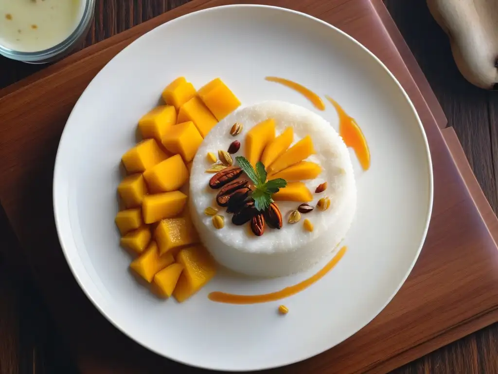 Exquisito postre tailandés: mango sticky rice de alta cocina Un exquisito postre tailandés de arroz pegajoso con mango, presentado con elegancia en un plato moderno