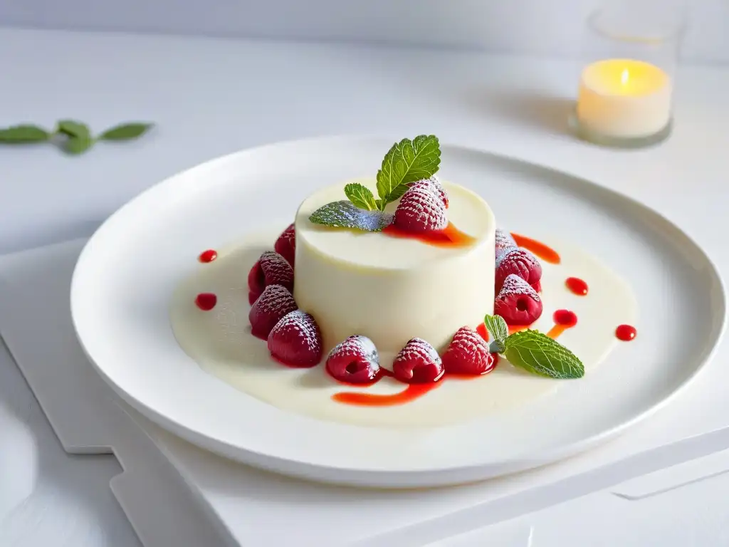 Un exquisito postre de textura perfecta en un elegante plato blanco sobre encimera de mármol en una cocina vacía