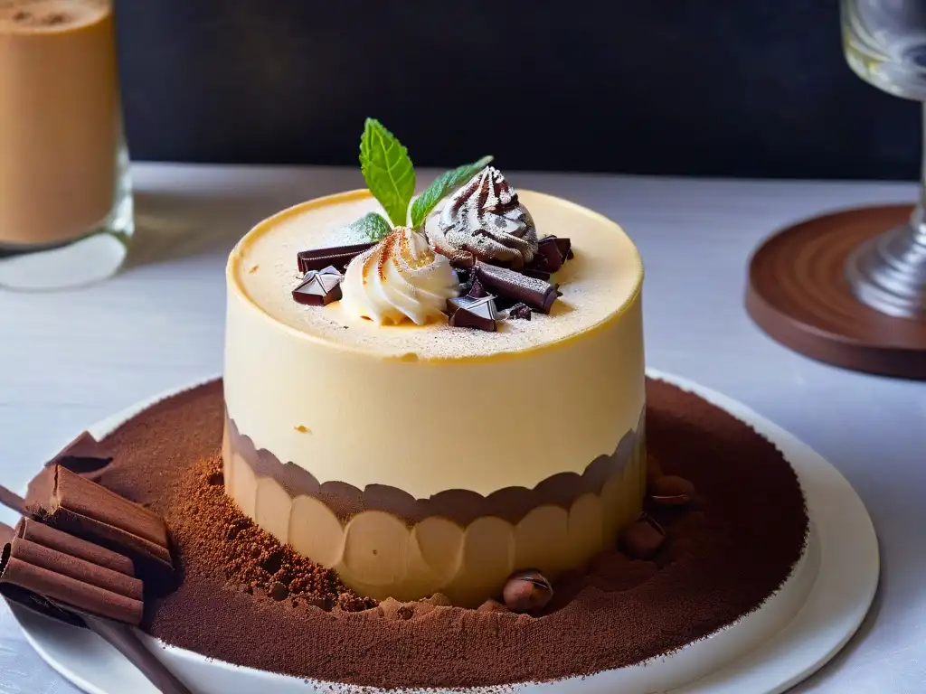 Un exquisito postre de tiramisú en copa, decorado con café y menta, sobre fondo oscuro