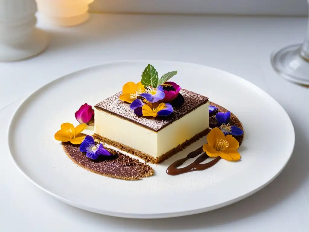 Un exquisito postre tradicional renovado con flores comestibles y láminas de oro, sobre un plato minimalista blanco