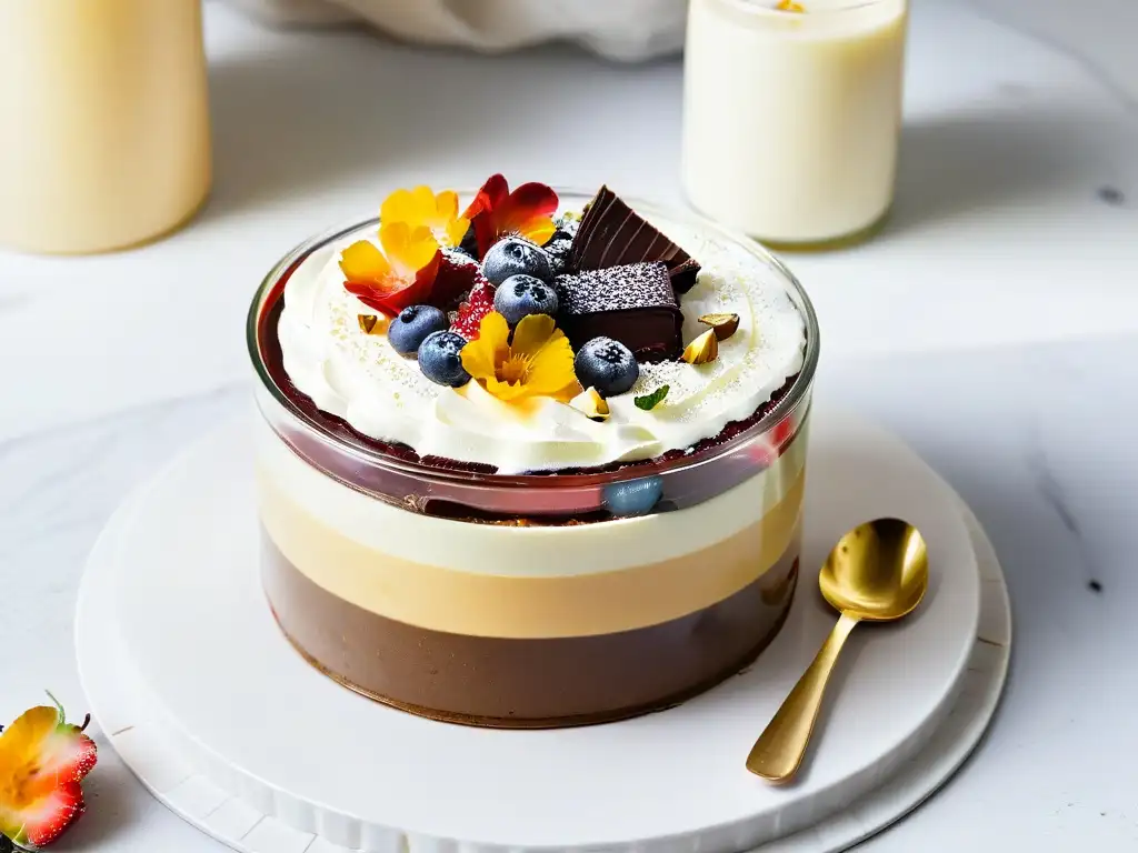 Exquisita delicia en frasco: mousse, ganache y frutas Un exquisito postre en vasito: mousse, ganache, compota, flor comestible y nueces en un tarrito de cristal sobre mármol iluminado