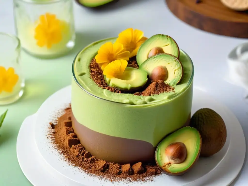 Exquisito postre vegano de mousse de aguacate y chocolate, elegante y decadente