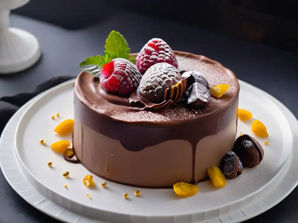 Exquisito postre vegano de alta gama: mousse de chocolate, coulis de frambuesa y hojas de oro comestibles en elegante presentación