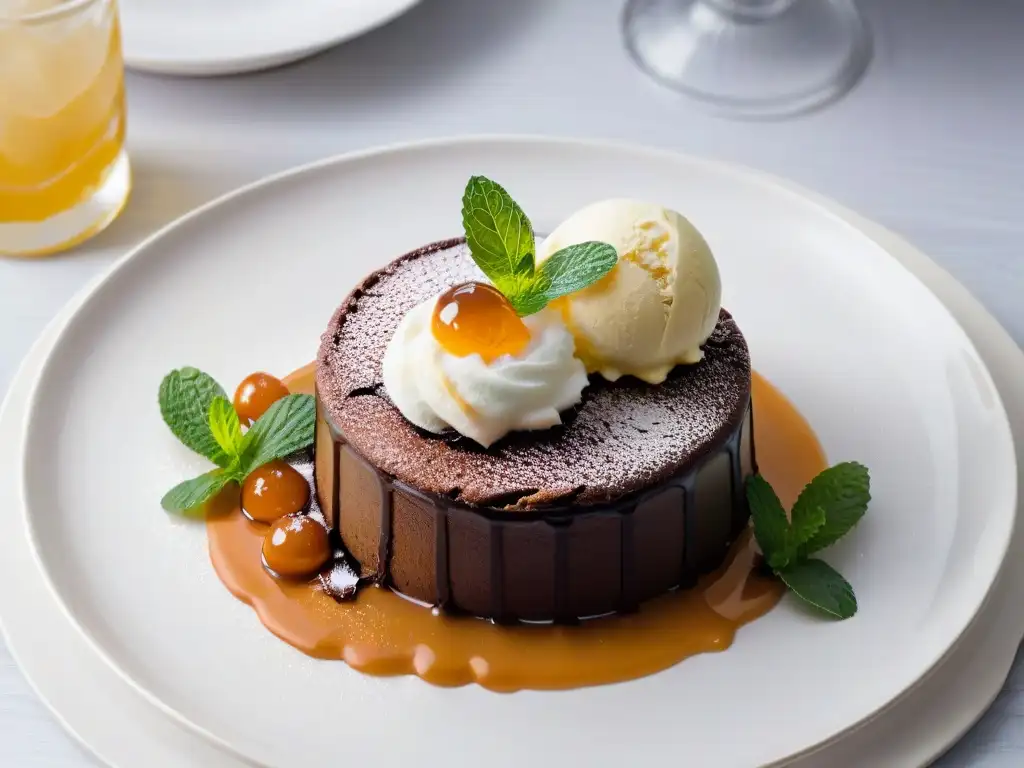 Exquisito postre vegano de alta gama: lava cake de chocolate con helado de vainilla, caramelo y menta en elegante presentación