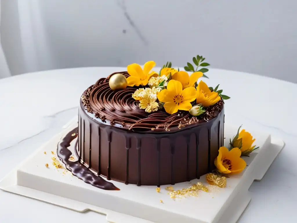 Un exquisito postre vegano de alta gama: pastel de chocolate con ganache, láminas de oro y flores comestibles, servido en plato de mármol blanco