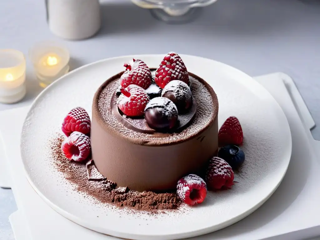 Un exquisito postre vegano: mousse de chocolate con frambuesas frescas sobre plato de mármol