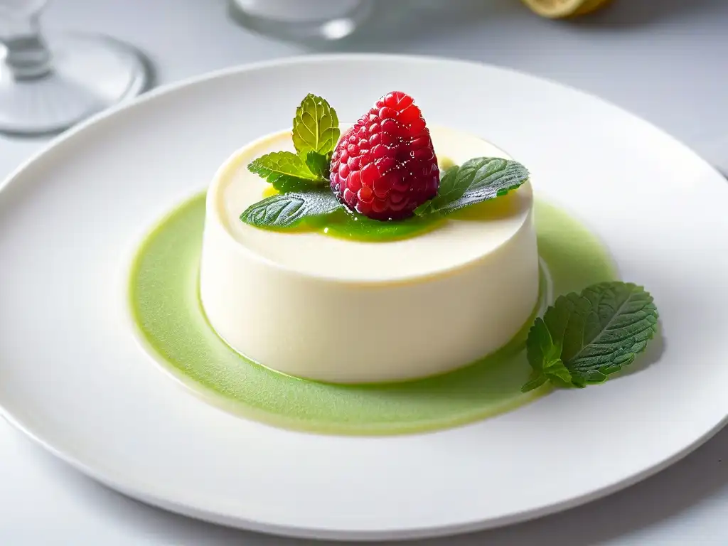 Panna cotta vegana: detalle exquisito con agar agar y coulis de frambuesa Un exquisito postre vegano con agar agar: panna cotta de frambuesa y menta en elegante presentación blanca