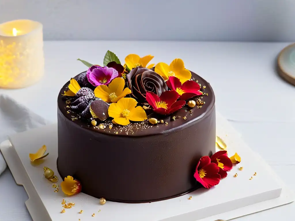 Un exquisito postre vegano sin lácteos: un pastel de chocolate decorado con flores comestibles y láminas de oro, sobre un plato moderno